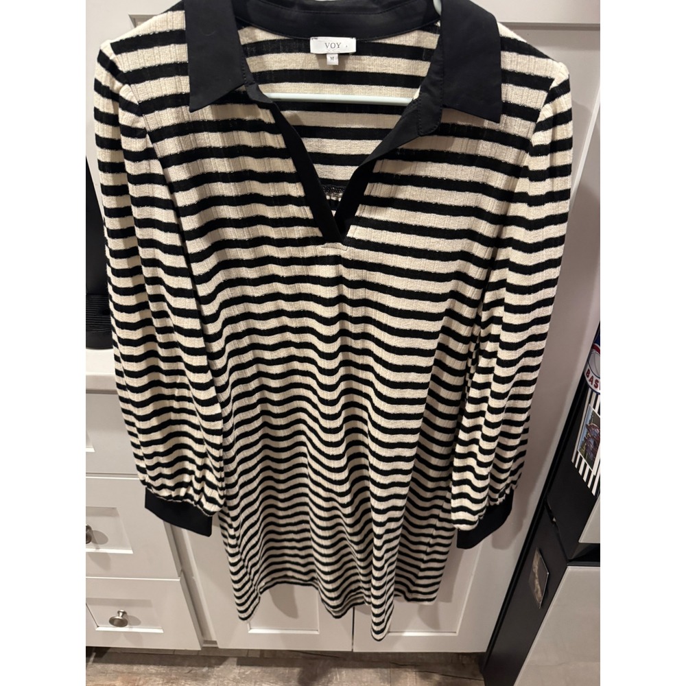 Voy Womens Striped Knit Mini Dress Black White Metallic Long Sleeve Collared M‎